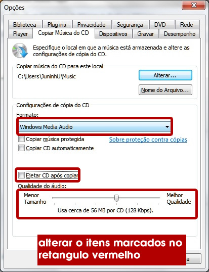 mexendo nas configurações do windows media player