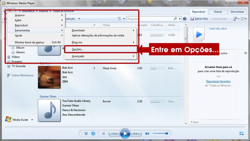 entrando nas opções do windows media player