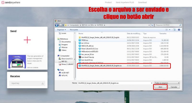 escolhendo arquivo pra envio no send-anywhere